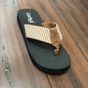 Corkys Black and Tan Striped Flip Flops